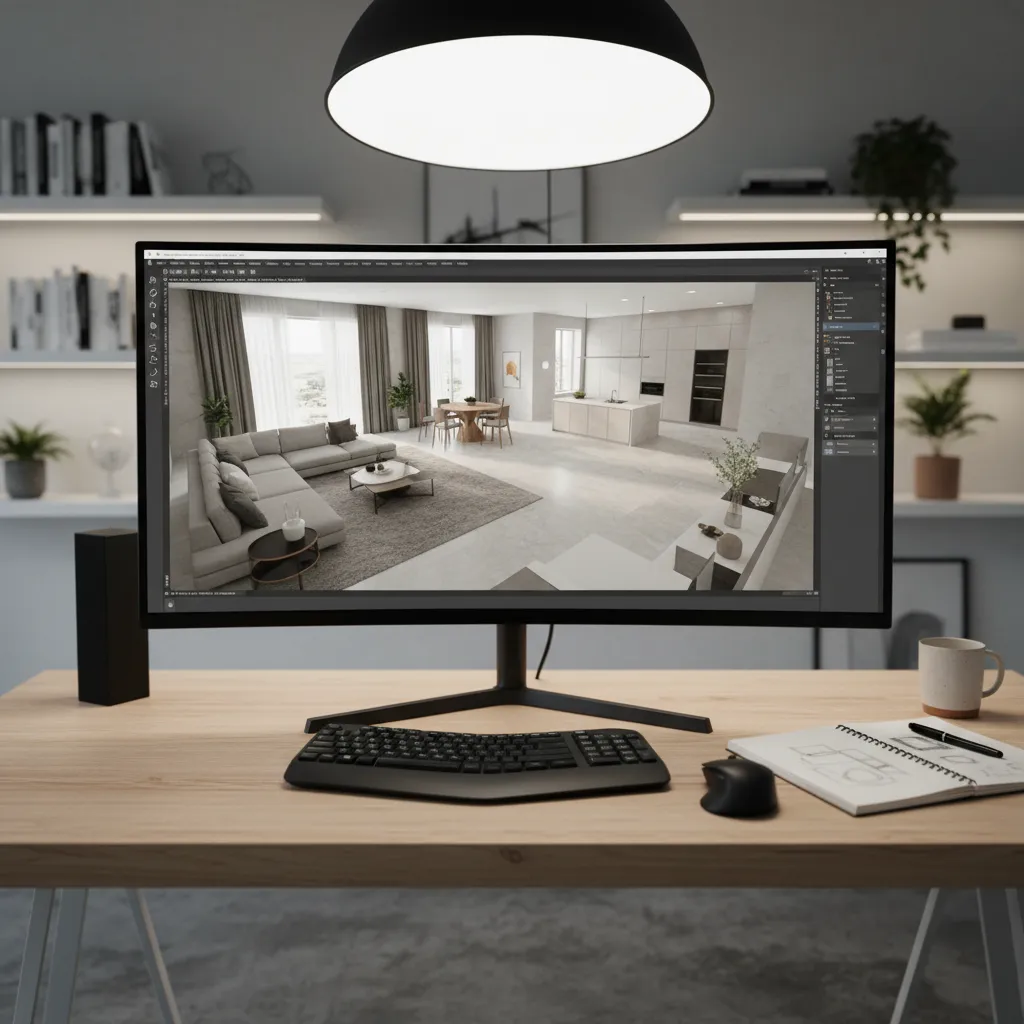 Pantalla mostrando plano de vivienda en 3D utilizado para proyectos de interiorismo