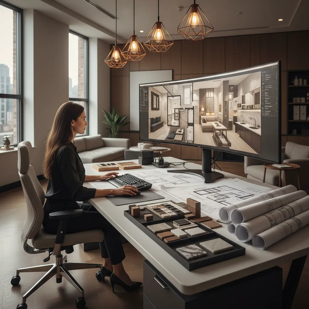 Designer using large screen showing 3D room design with floor plans and various material samples