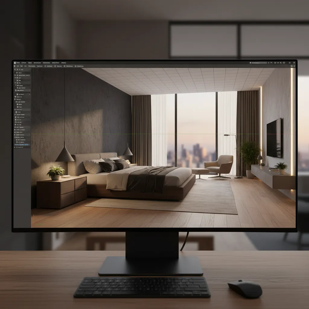 Visualización 3D de un dormitorio diseñada en software de interiorismo