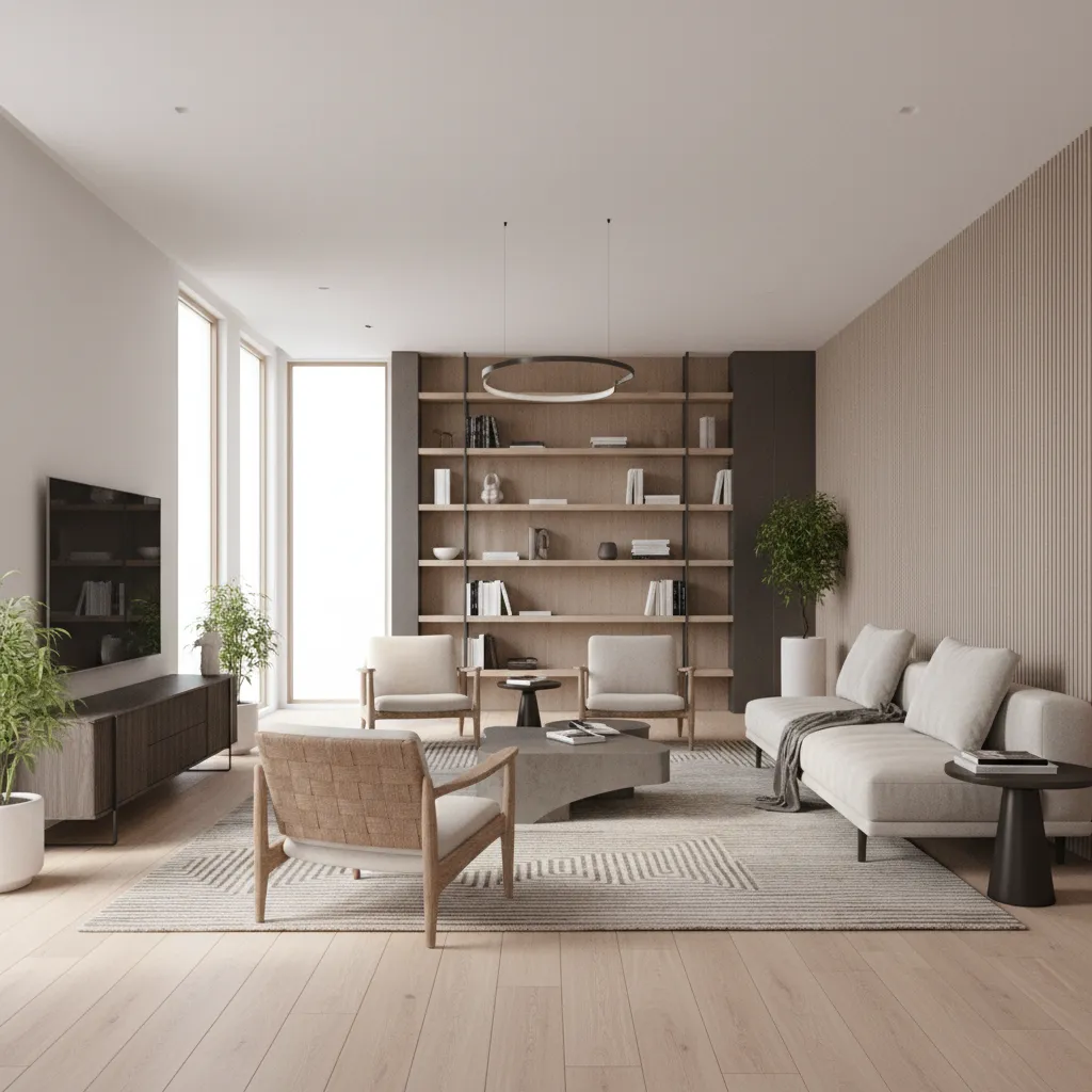 Modern minimalist living room with white sofa, wood wall panel, large bookshelf, and ceiling light