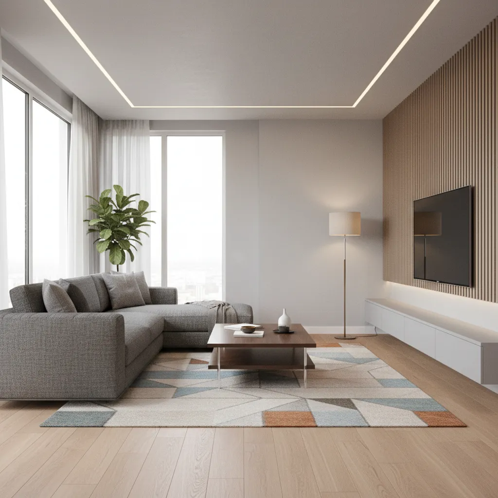Vista 3D de un salón moderno diseñado digitalmente con muebles y decoración