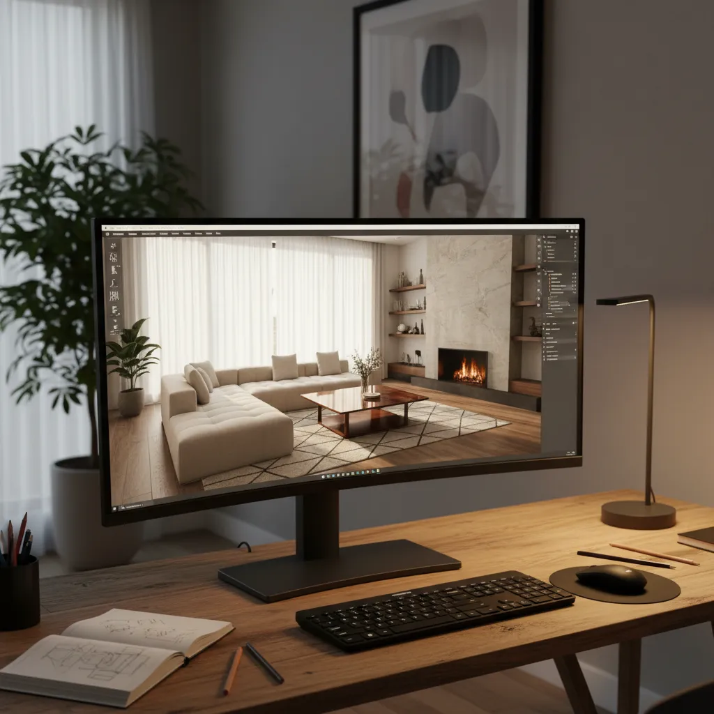 Pantalla de ordenador mostrando un diseño de salón en 3D