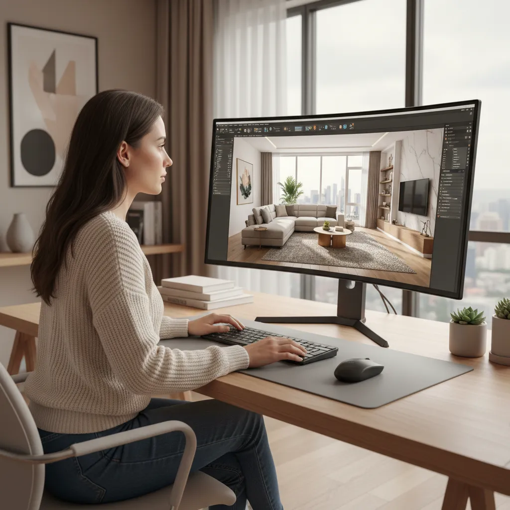 Woman using computer to create interior design drawing of modern living room with grey sofa