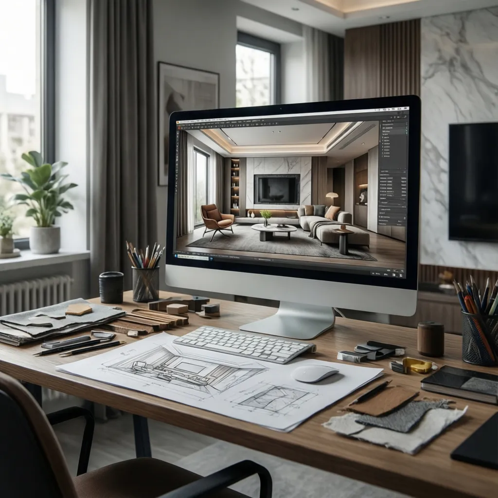 Computer screen showing interior design drawing on a wooden desk with sketches and fabric samples