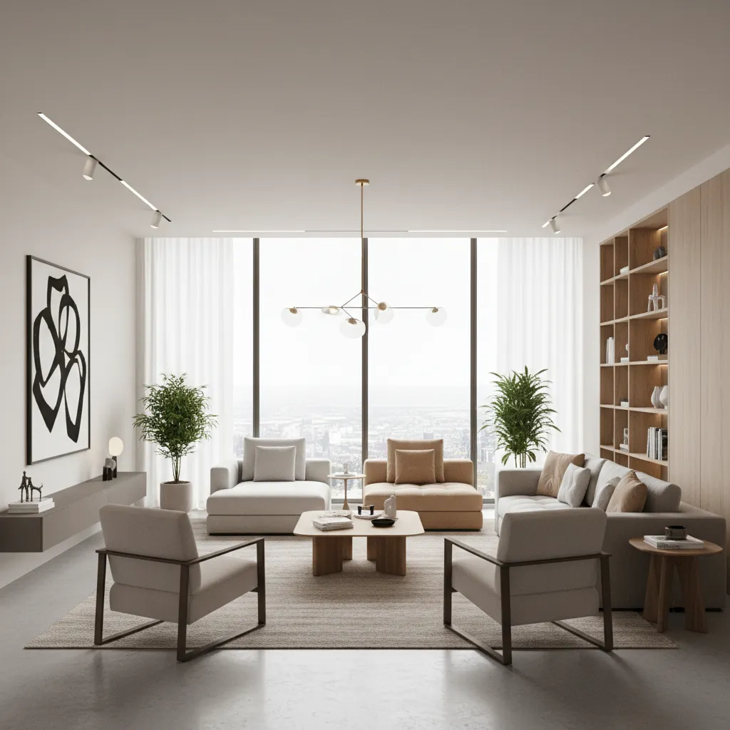 Visualización generada por IA de una sala moderna con decoración elegante