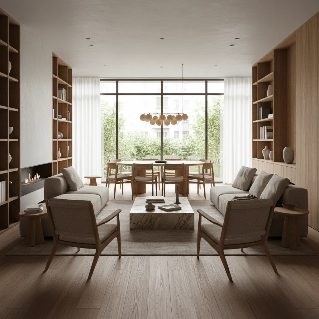 Modern living room with sofas marble coffee table wooden bookshelves large windows and ceiling light