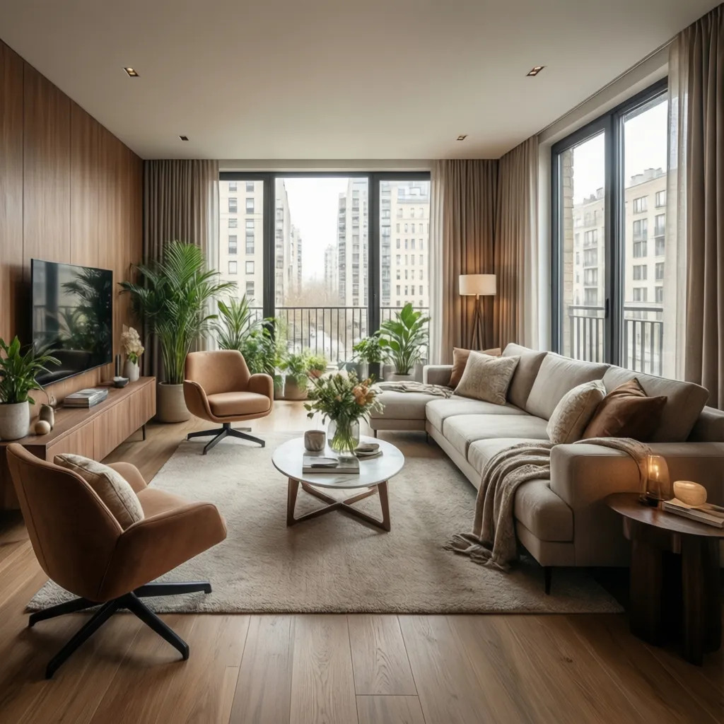 Sala moderna diseñada profesionalmente en un apartamento contemporáneo