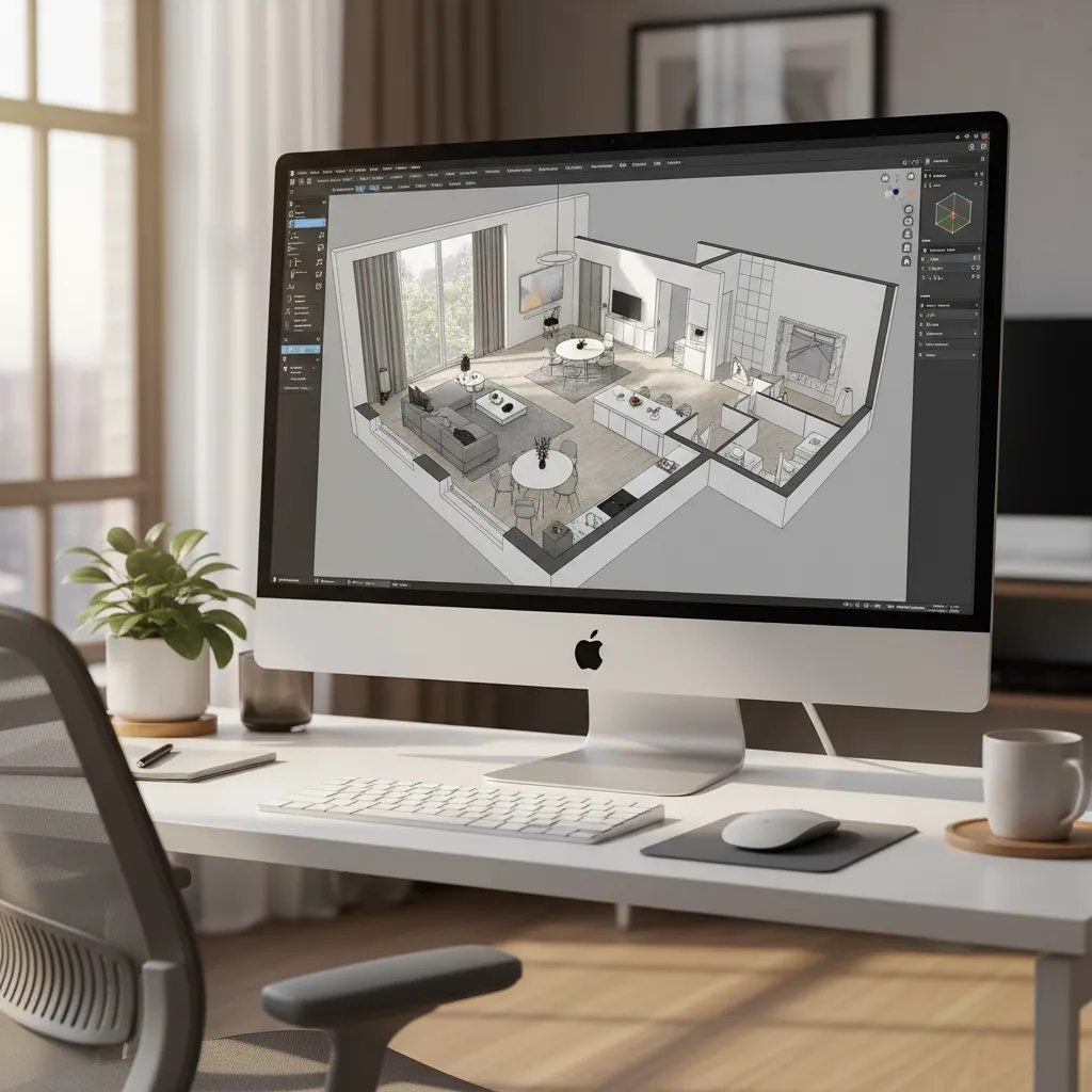 Pantalla con plano de distribución de un apartamento en 3D