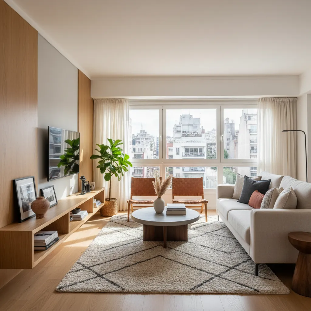 Bright living room featuring white sofa, leather chairs, round coffee table, and large city windows