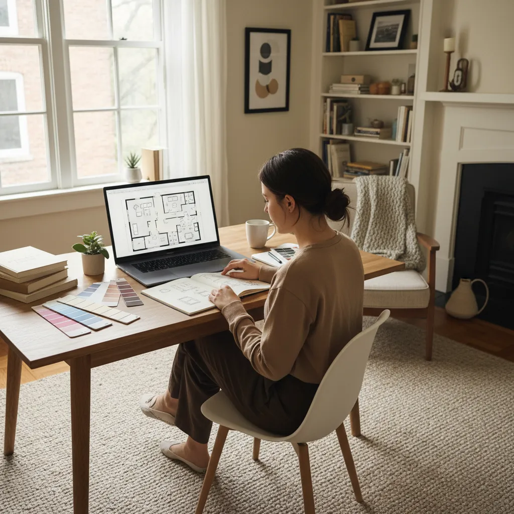 Persona practicando diseño de interiores en casa con planos y portátil