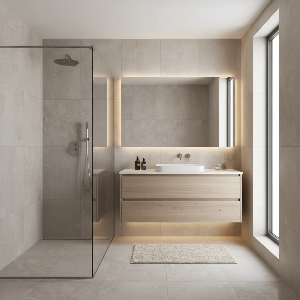 Modern bathroom with grey tiles, glass shower, wooden cabinet, white sink, and lighted wall mirror