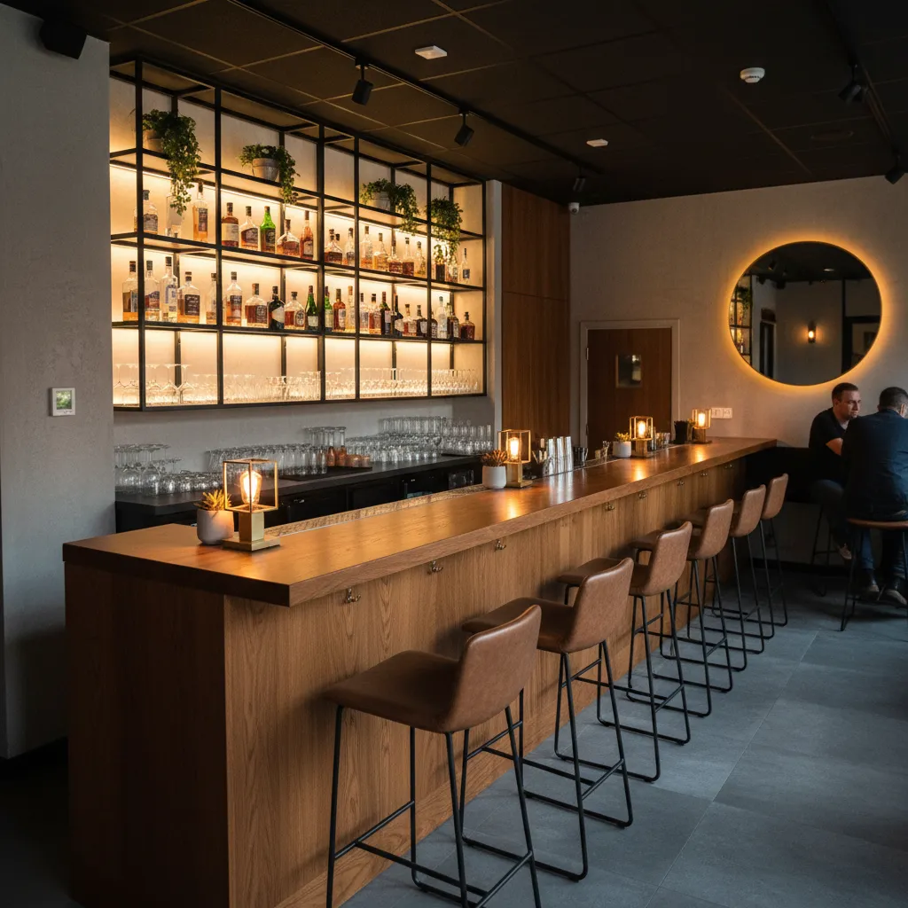 Modern bar area with long wooden counter brown stools lit wall shelves and circular mirror
