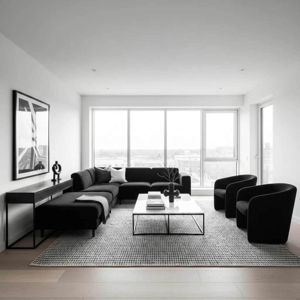 Modern living room with black sofa two armchairs white marble coffee table and large window
