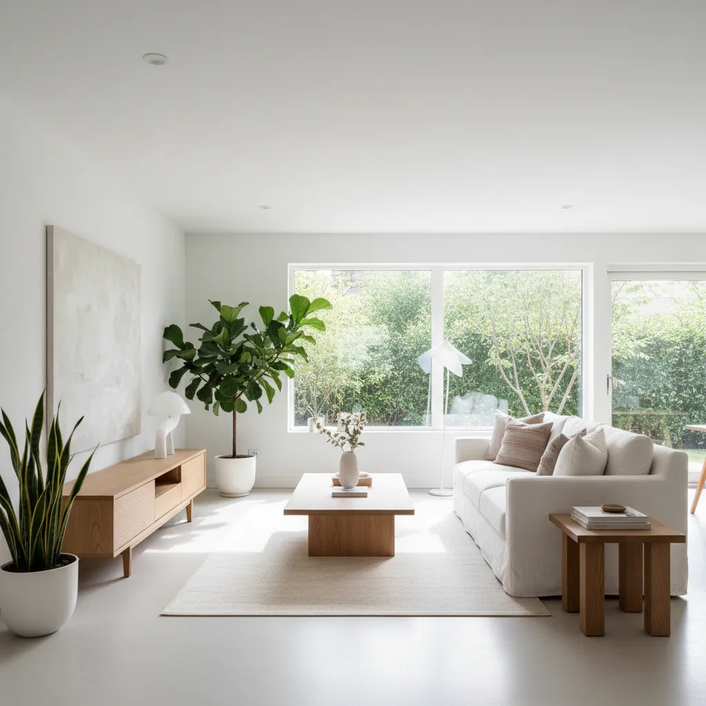 Minimalist living room featuring white sofa, wooden coffee table, large window, green plants, and cabinet