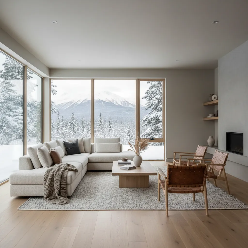 Living room with white sofa wooden coffee table and large windows showing snowy mountain view