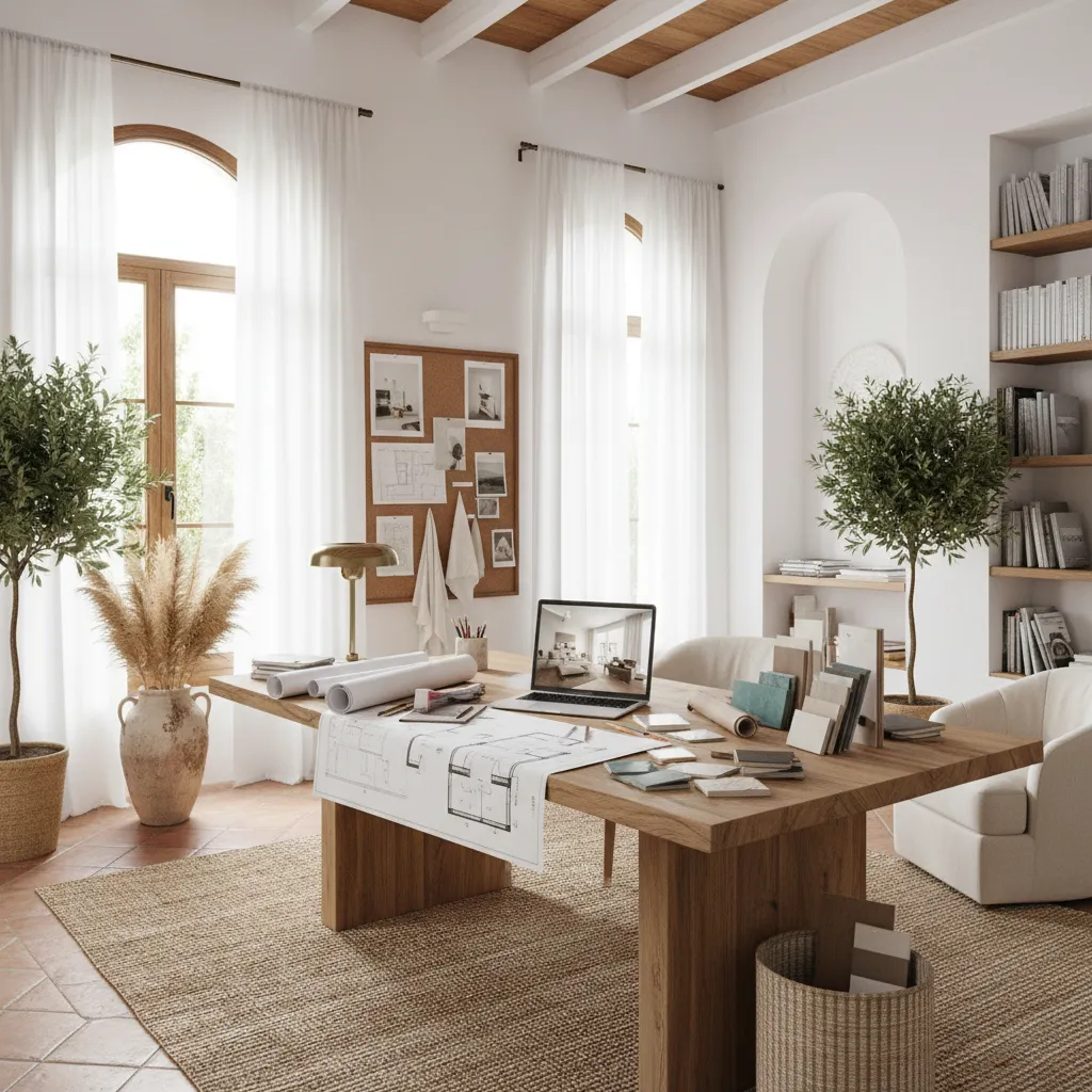 wooden desk with laptop room layout drawing material samples plants and white curtains in background