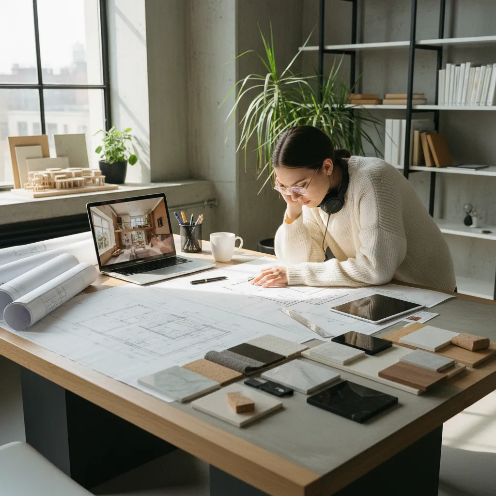 Female designer reviewing room layout drawings on desk with laptop and building material color samples