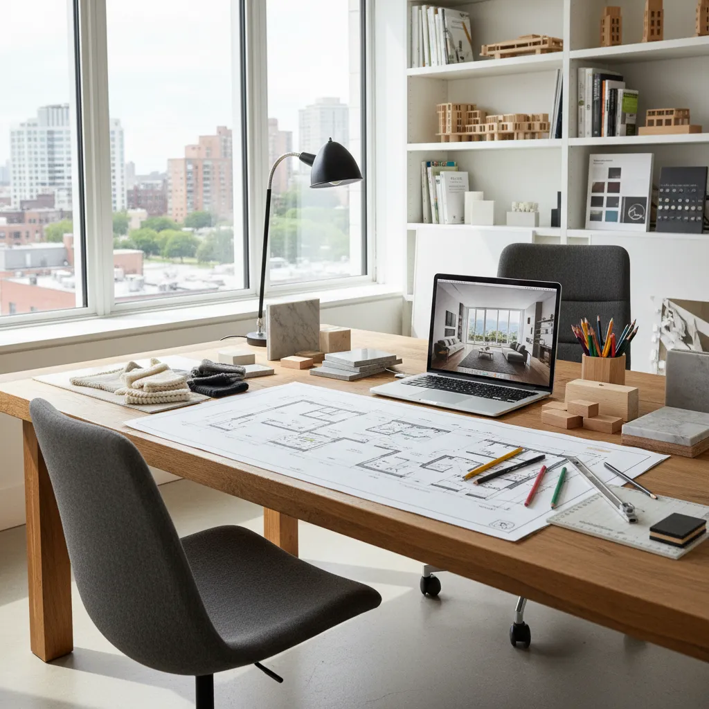 Desk with floor plan and laptop next to shelf with models and a city view