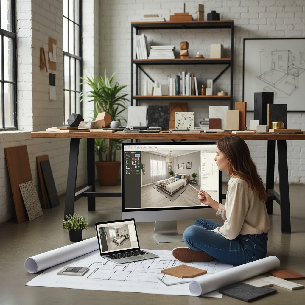 Woman sitting on studio floor looking at computer screen showing a modern bedroom design drawing