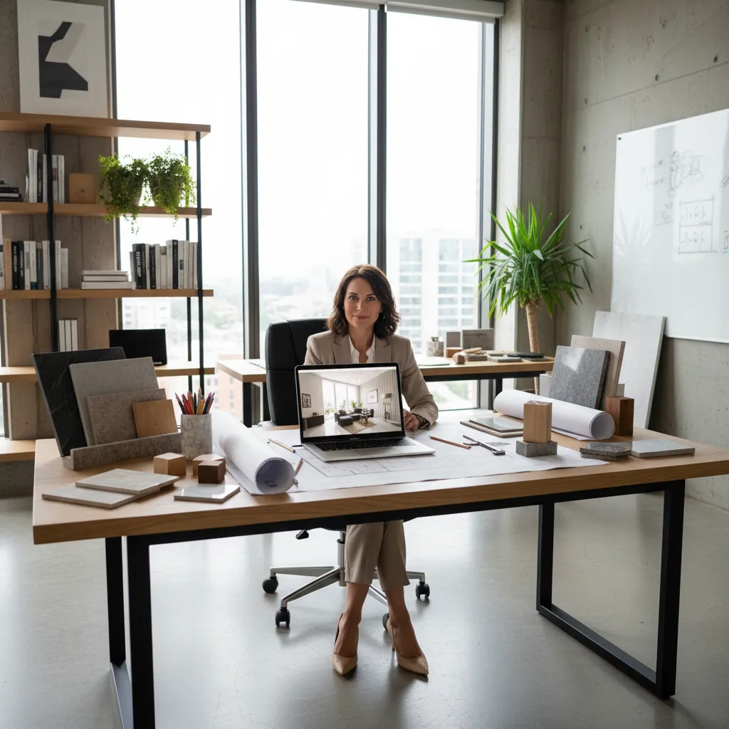 Interior designer sitting at wooden desk with material samples and laptop showing a room design