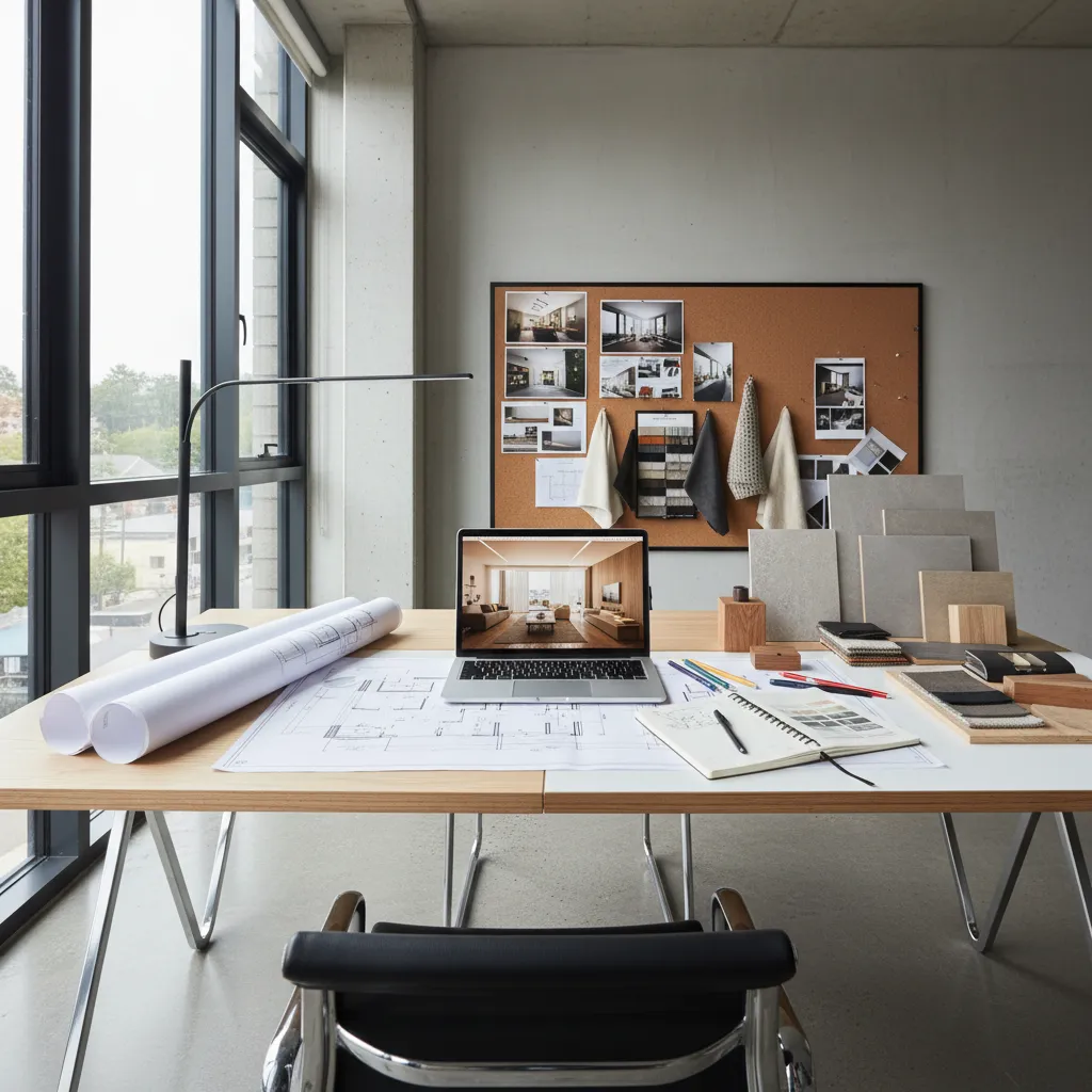 Interior design drawing on a wooden desk with a laptop and paper floor plan blueprints