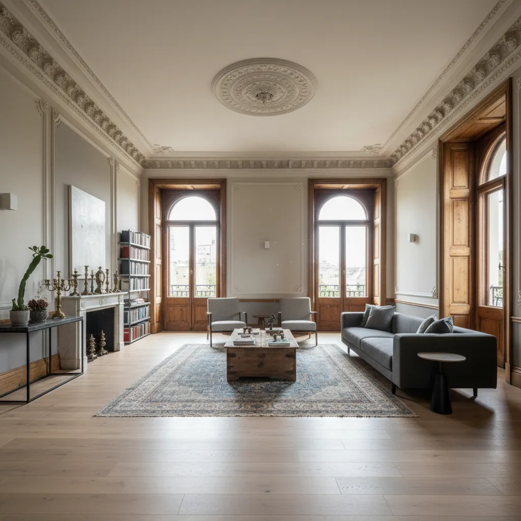 Large living room featuring grey sofa, wooden windows, blue rug, wooden coffee table, and fireplace