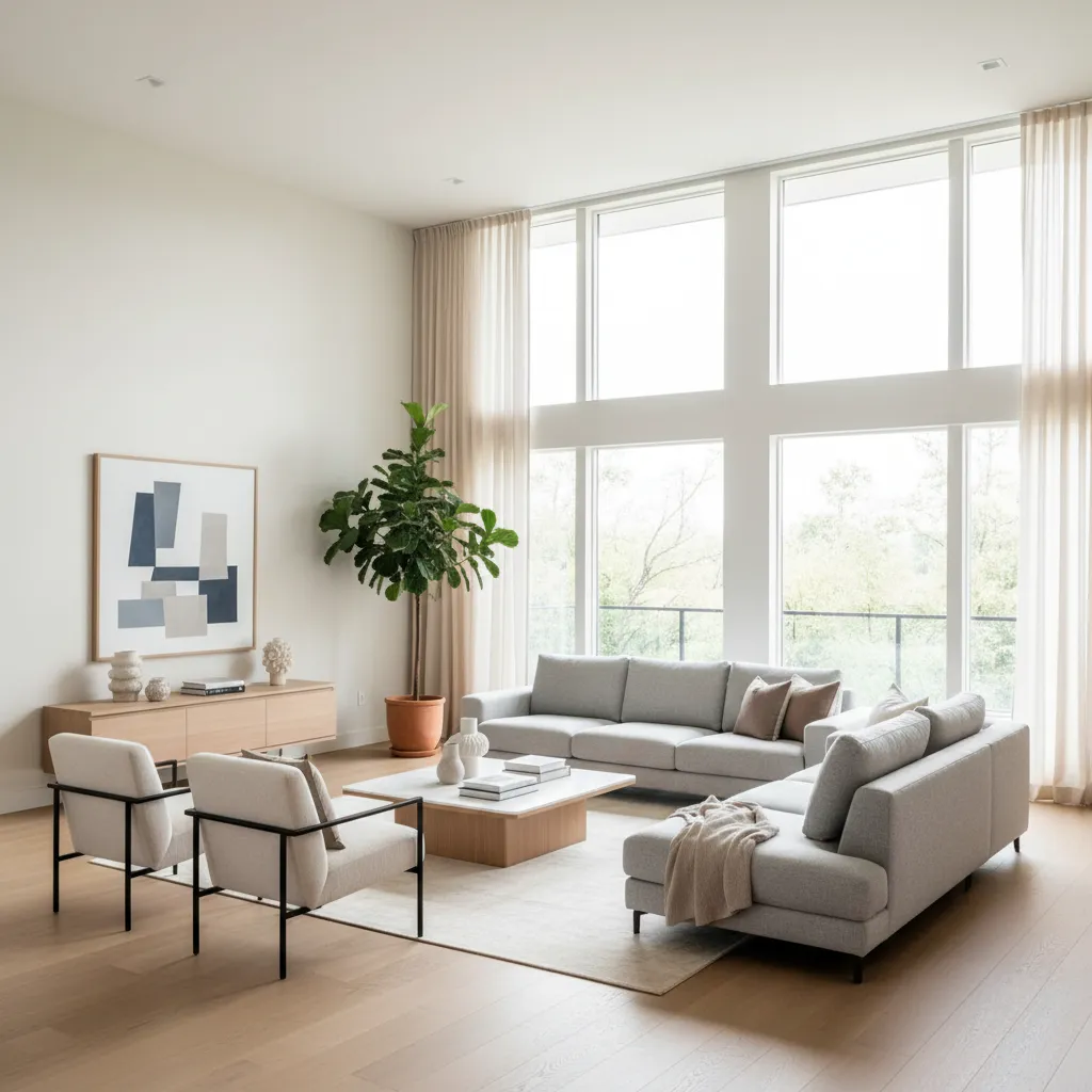 Modern simple living room with gray sofa white armchairs large windows and a potted plant