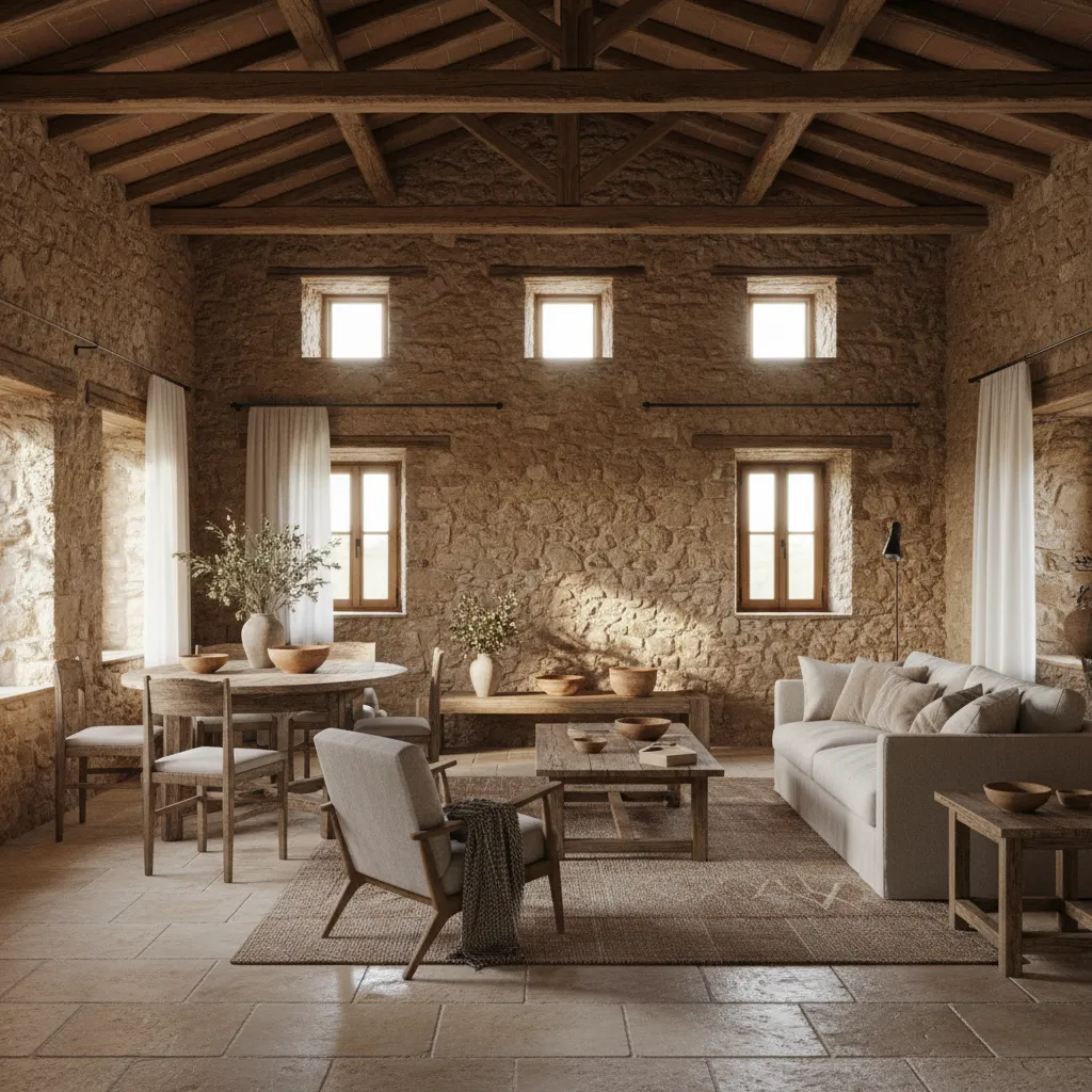 Rustic living room with stone walls wooden beams sofa dining table chairs rug and windows