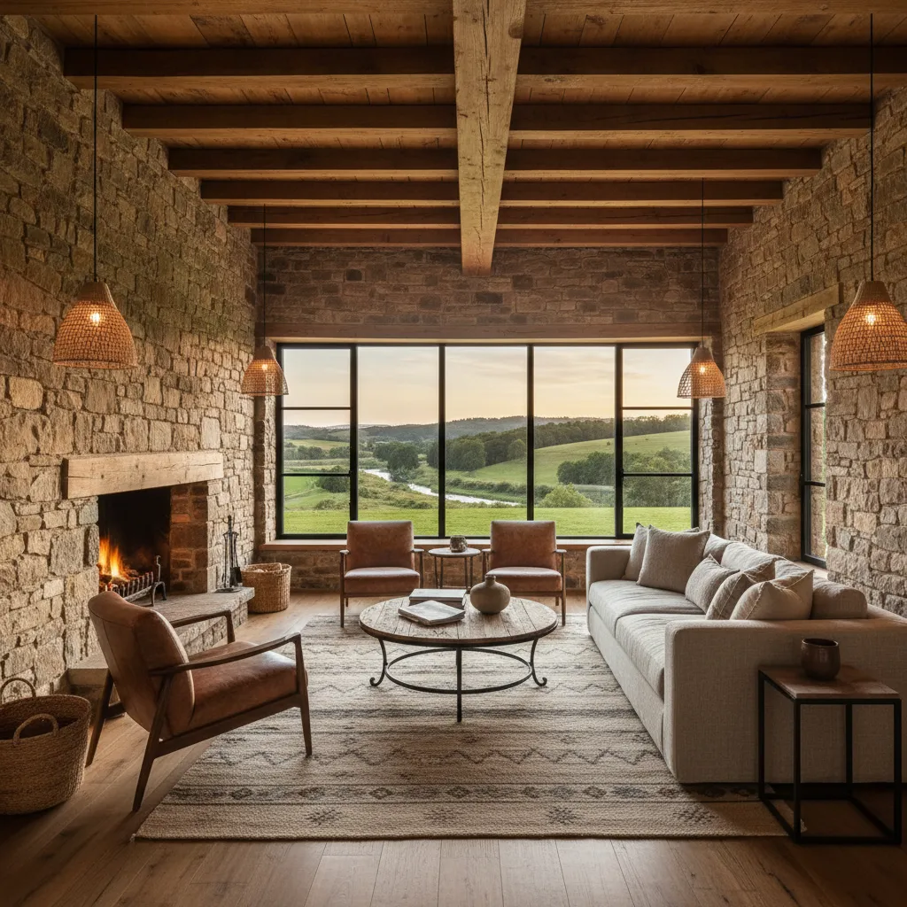 Rustic living room featuring stone walls wood ceiling beams fireplace large window sofa and chairs