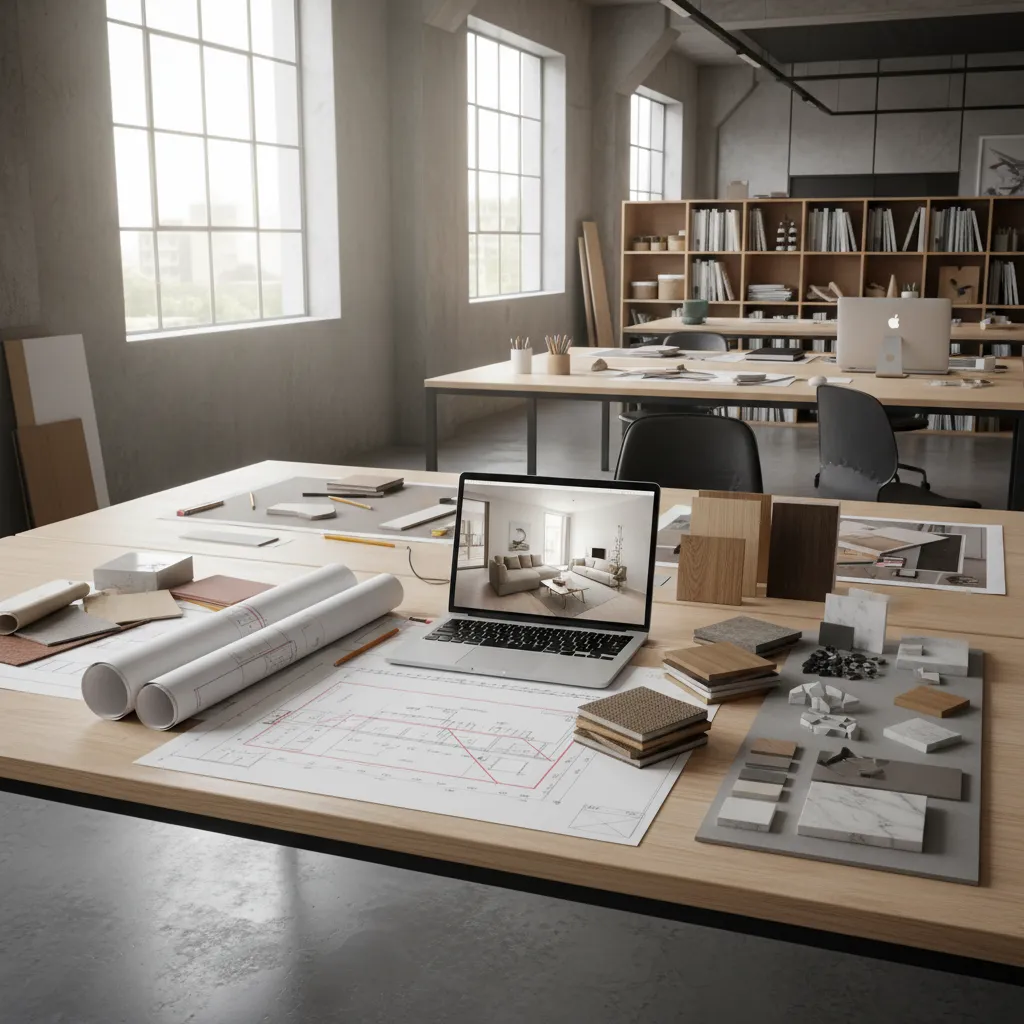 Laptop showing interior design drawing on desk with rolled paper plans and several material samples