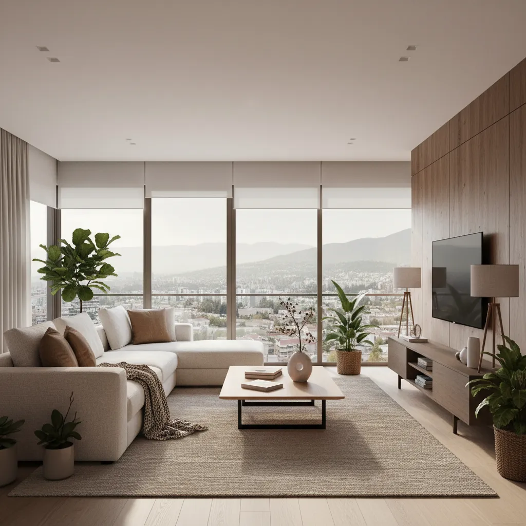 Modern living room with white sofa wooden wall large windows city view and green plants