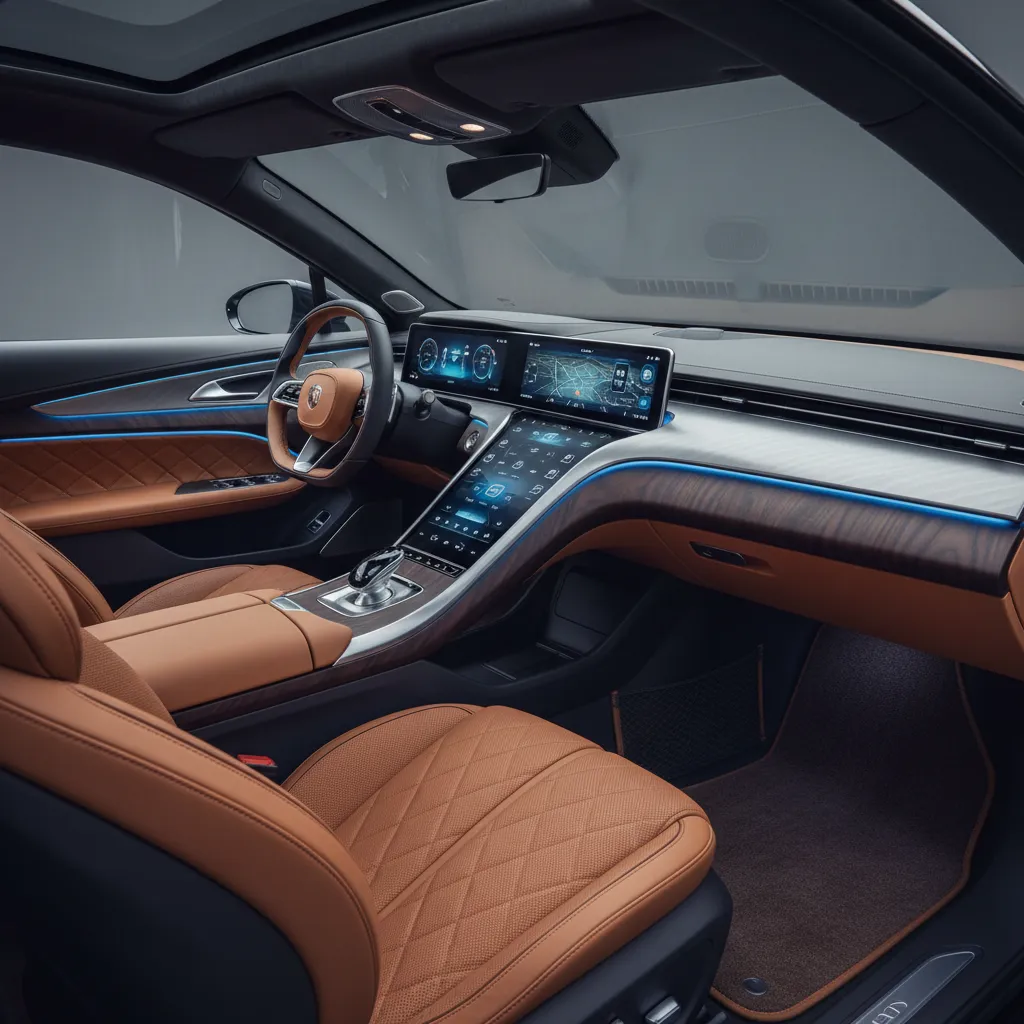 Modern car interior featuring brown leather seats a wooden dashboard screen and blue ambient lighting
