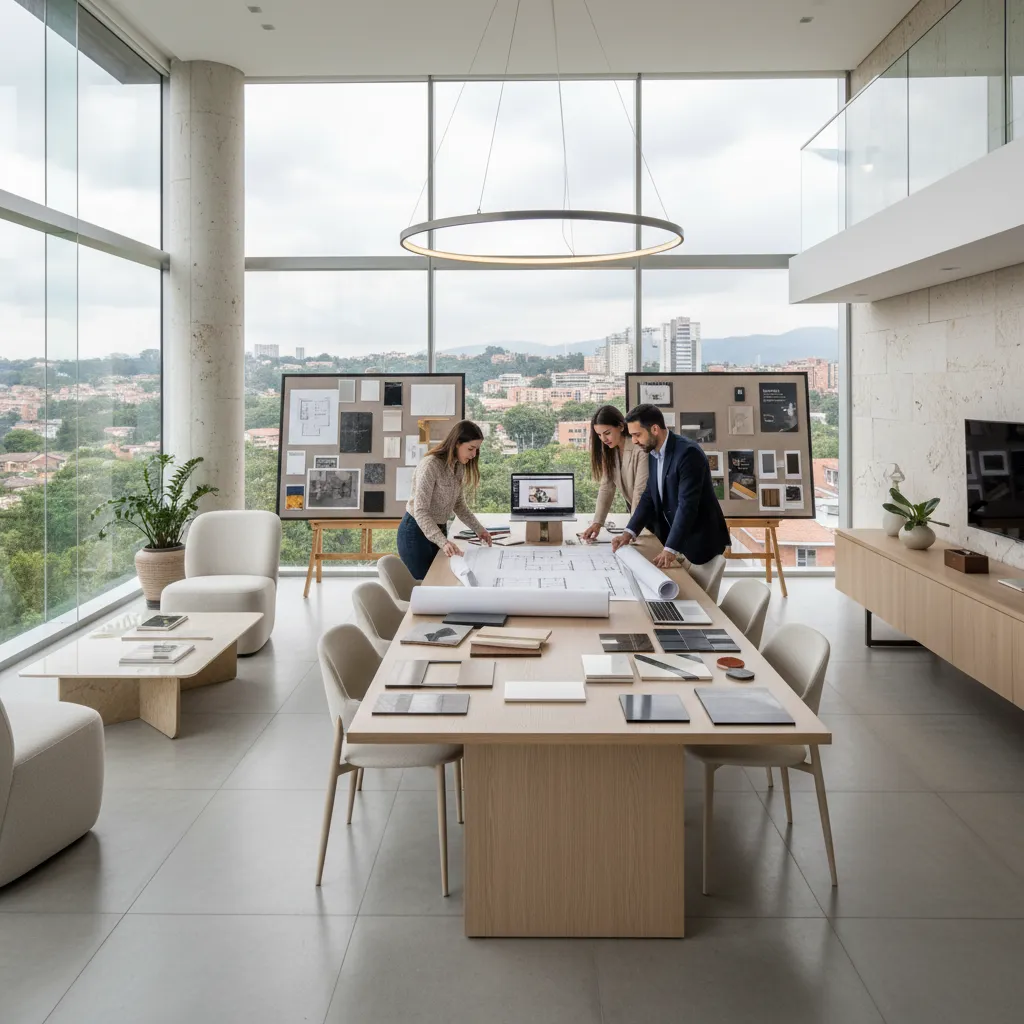 Interior design team reviewing a large floor plan on a long wooden table in studio