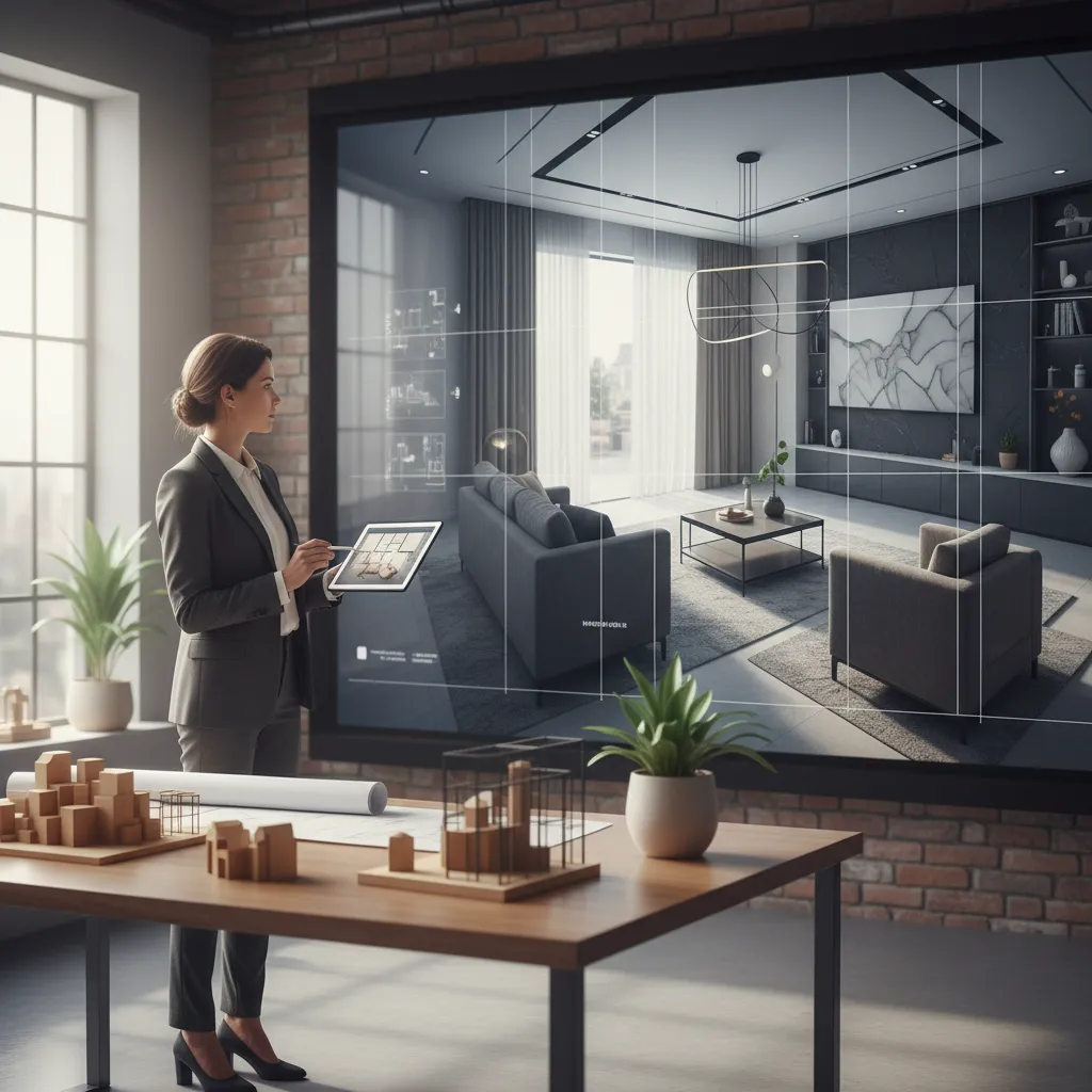 Professional woman using tablet while presenting interior design on large screen in modern office studio