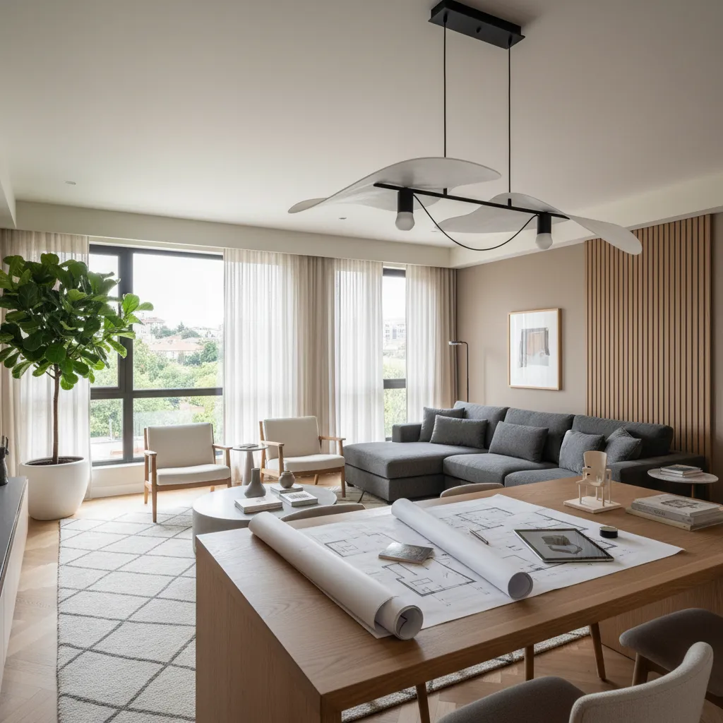Modern living room featuring floor plan drawings on table grey sofa ceiling light and wall panel