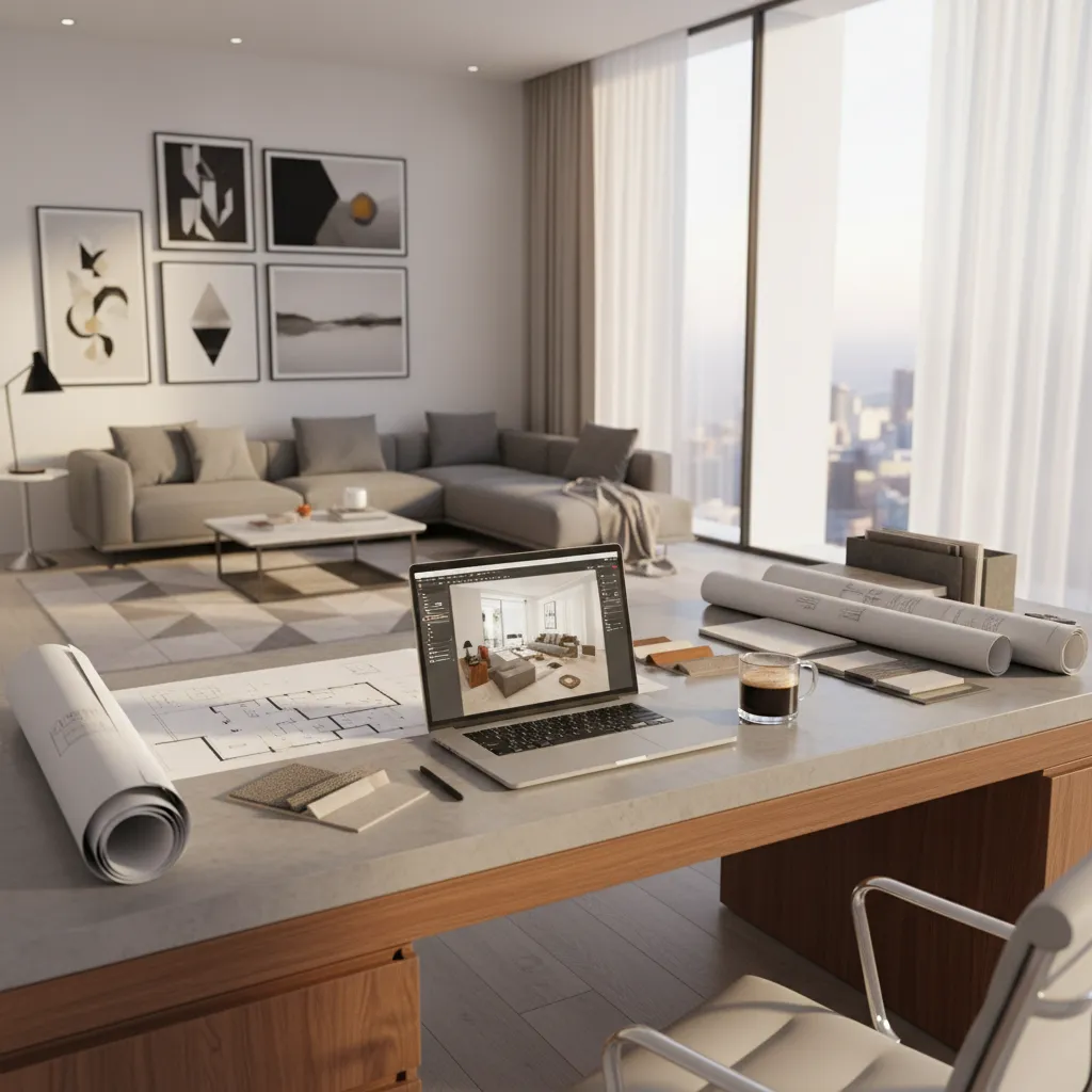 Professional workspace with laptop showing interior design drawing, paper floor plans, and samples on desk