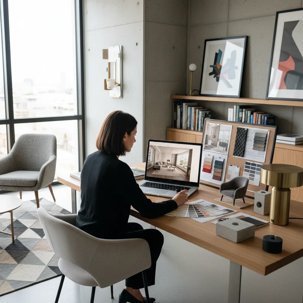 Interior designer working on laptop displaying a room design with color swatches and mood board