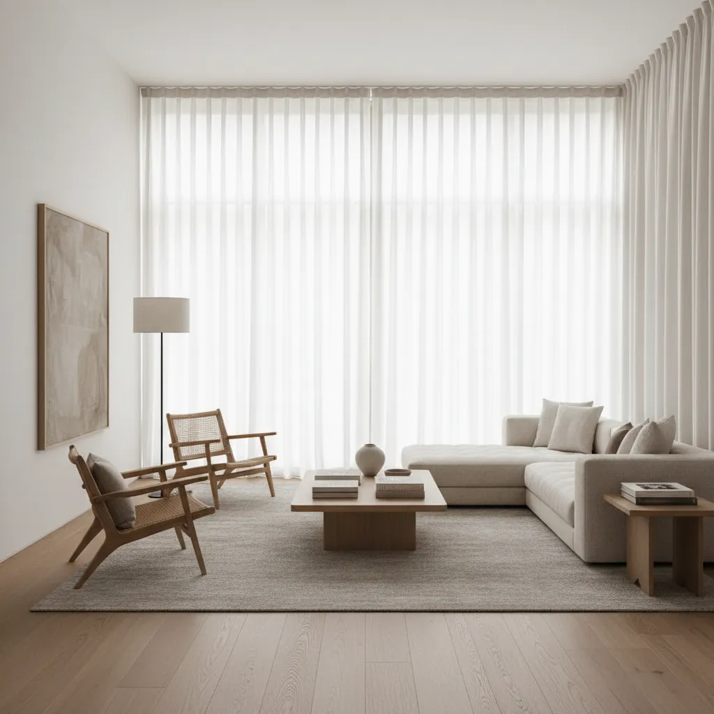 Modern living room with white sheer curtains, beige sofa, wooden chairs, and wood coffee table