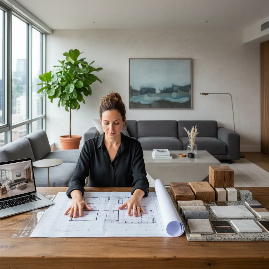 Female interior designer reviewing floor plan with material samples on a large wooden office desk