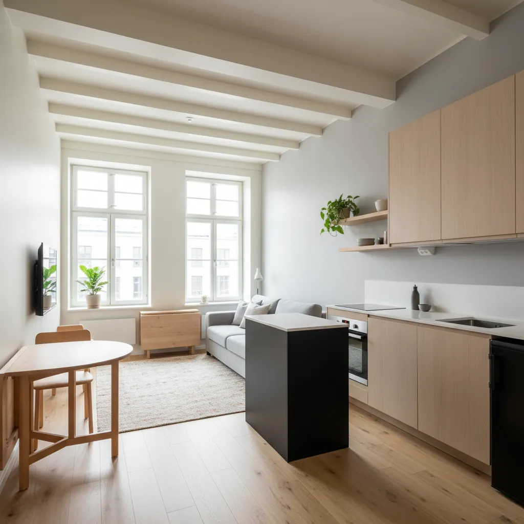 Modern open kitchen and living area with wood cabinets, black island, sofa, and ceiling beams