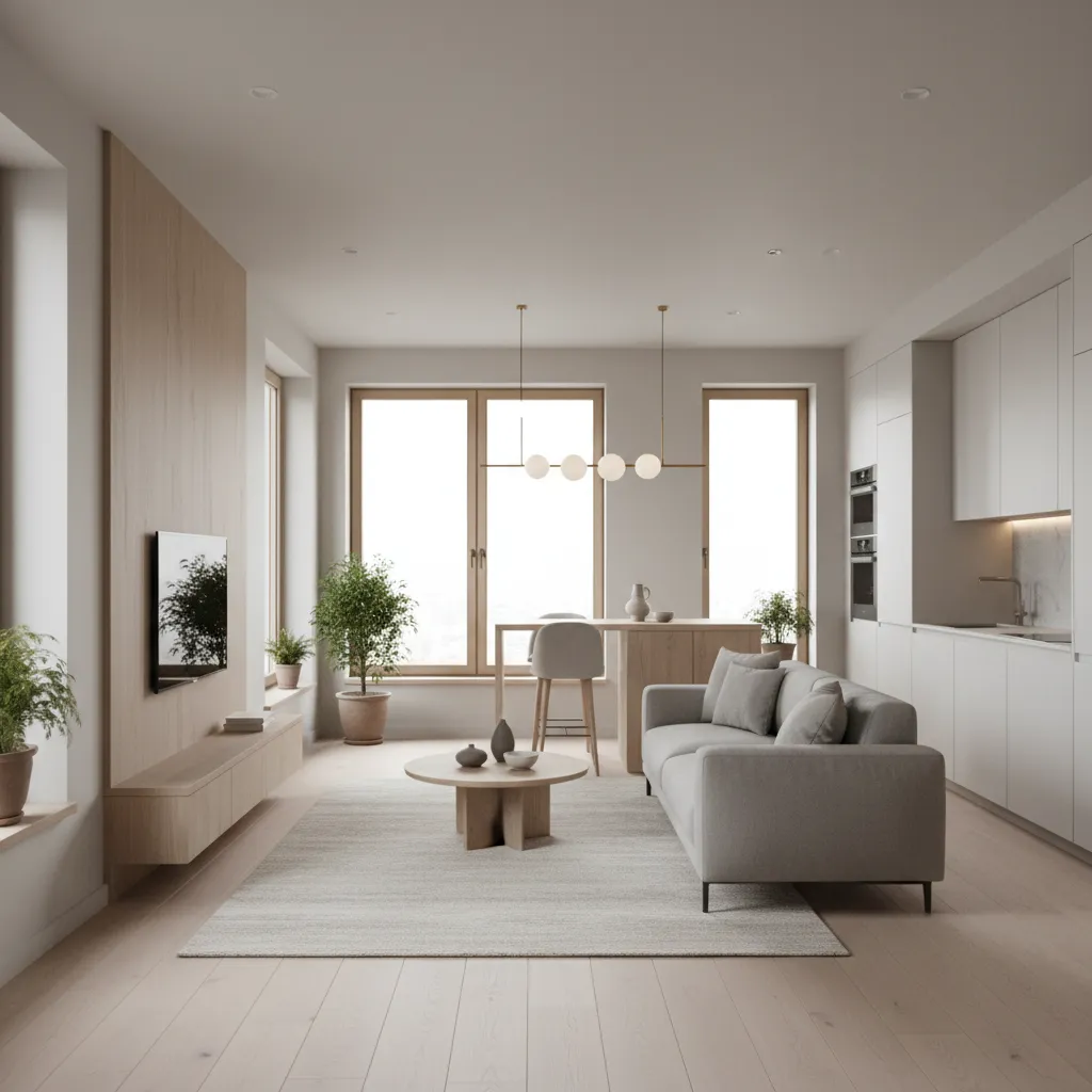 Modern open living room with grey sofa round coffee table wall panel and white kitchen