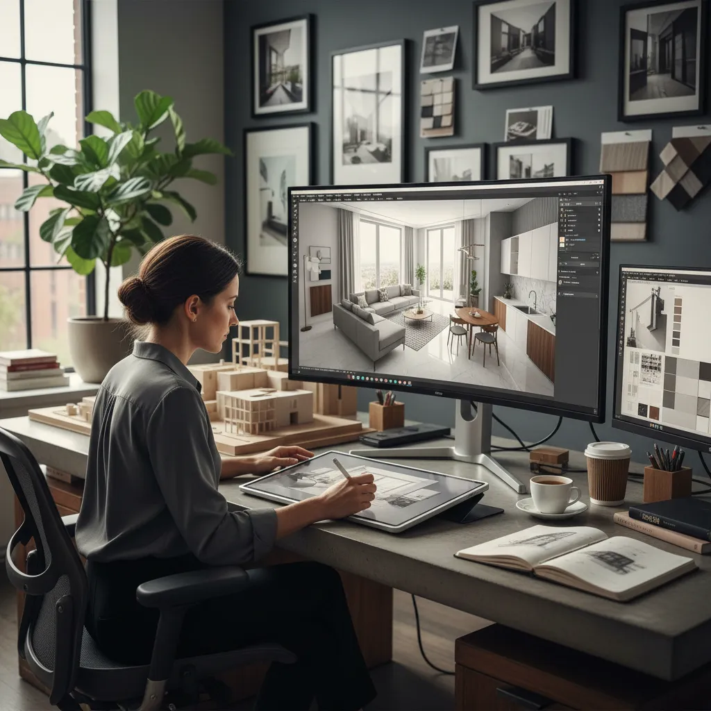 Diseñador usando software de diseño de interiores para crear un proyecto digital