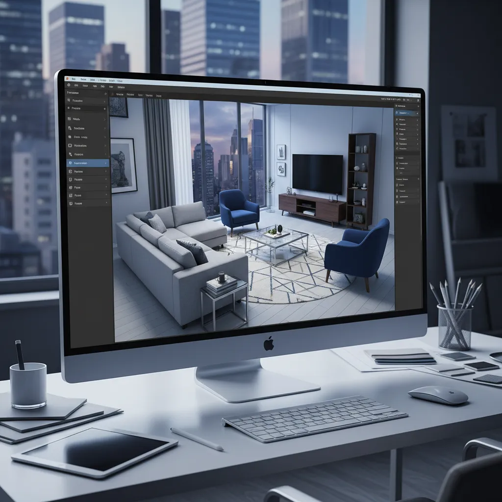 Pantalla mostrando planificación digital de una sala con muebles en 3D