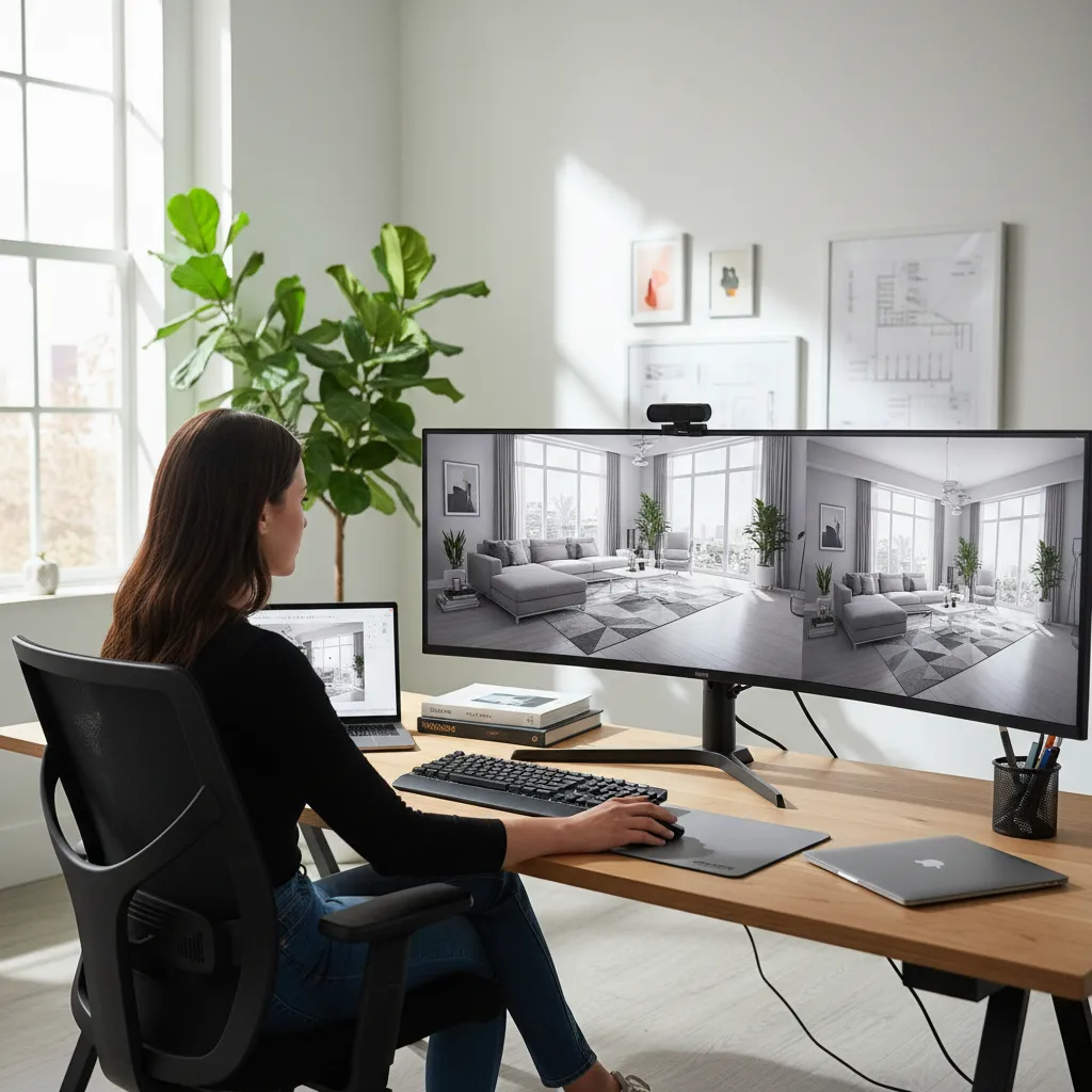 Diseñador creando un modelo 3D de un apartamento en computadora