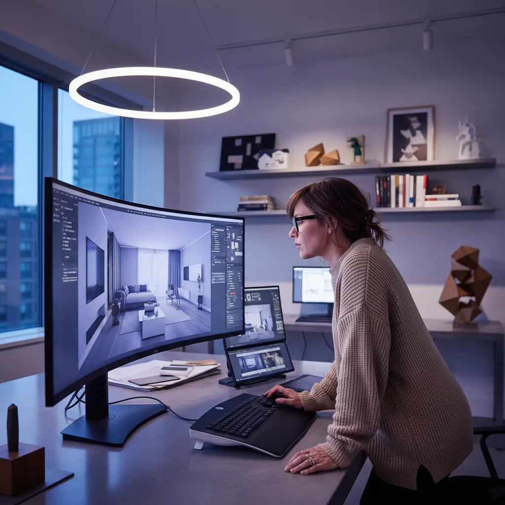 Diseñador trabajando con modelo 3D de interior en ordenador