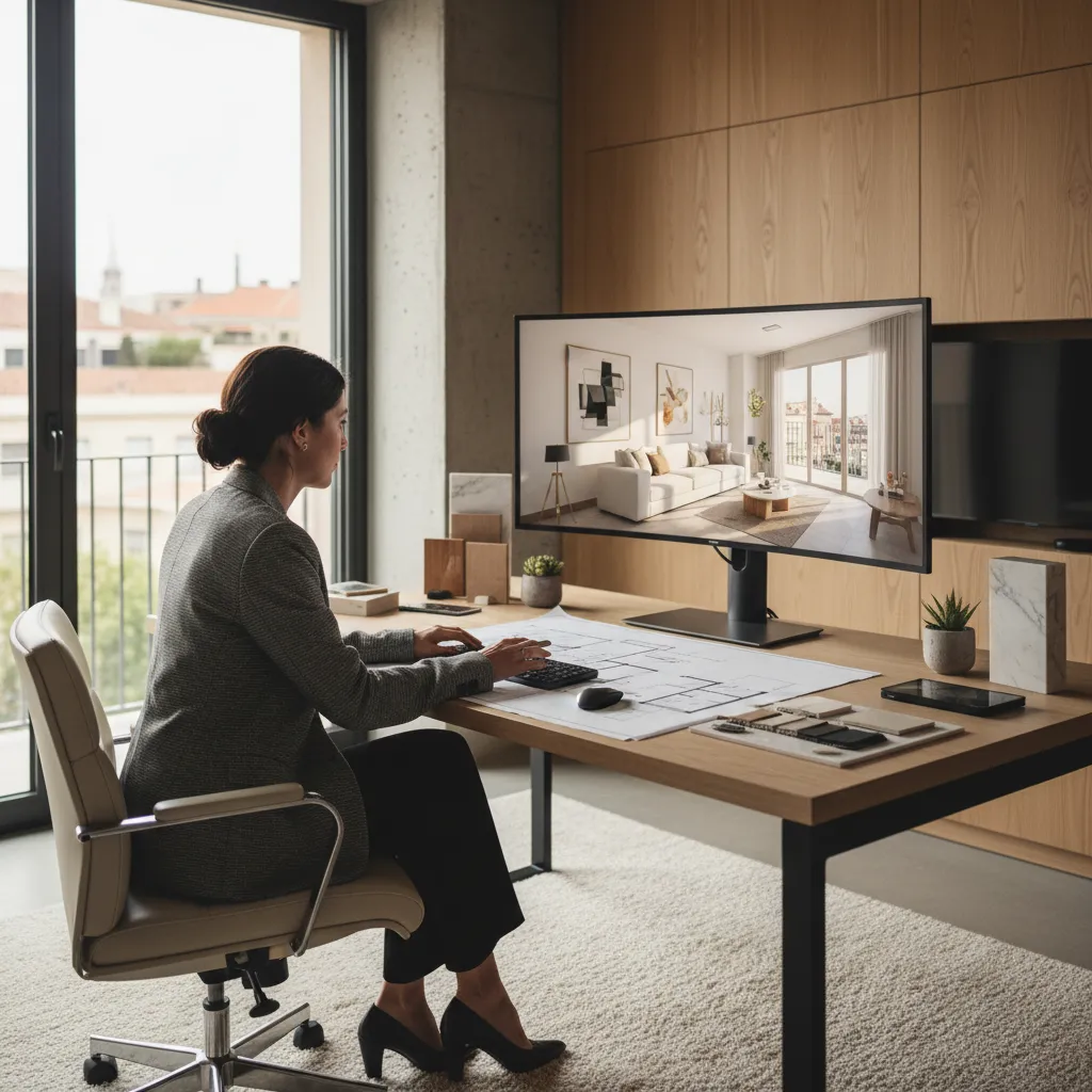 Woman designer sitting at desk working on floor plan and living room design on computer monitor