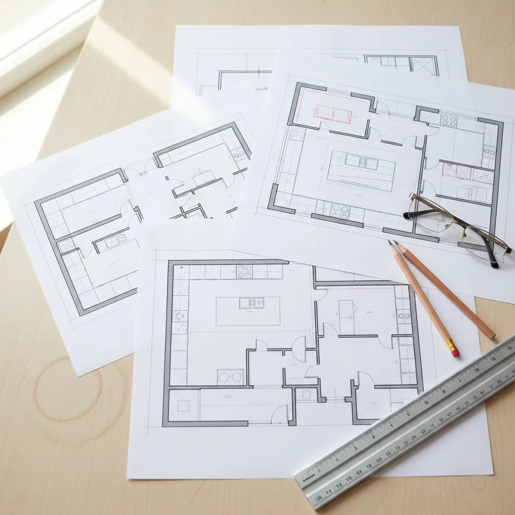 Plano de distribución de cocina con diferentes configuraciones