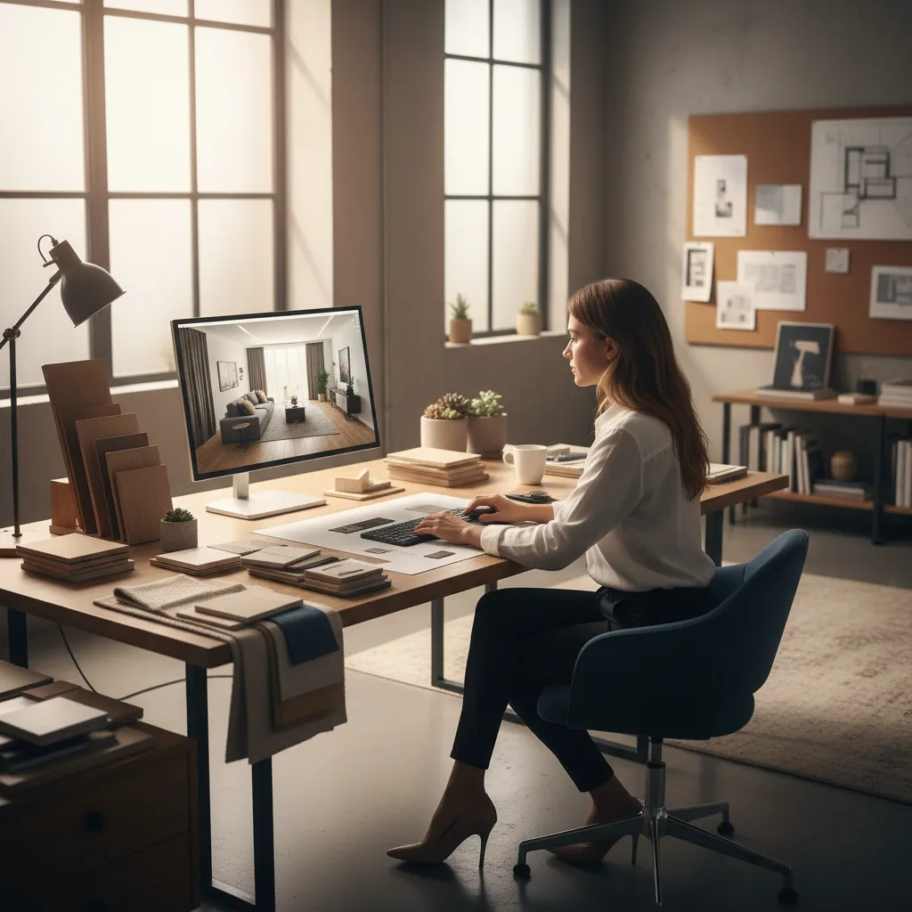 Female designer sitting at a desk looking at a living room interior design drawing screen