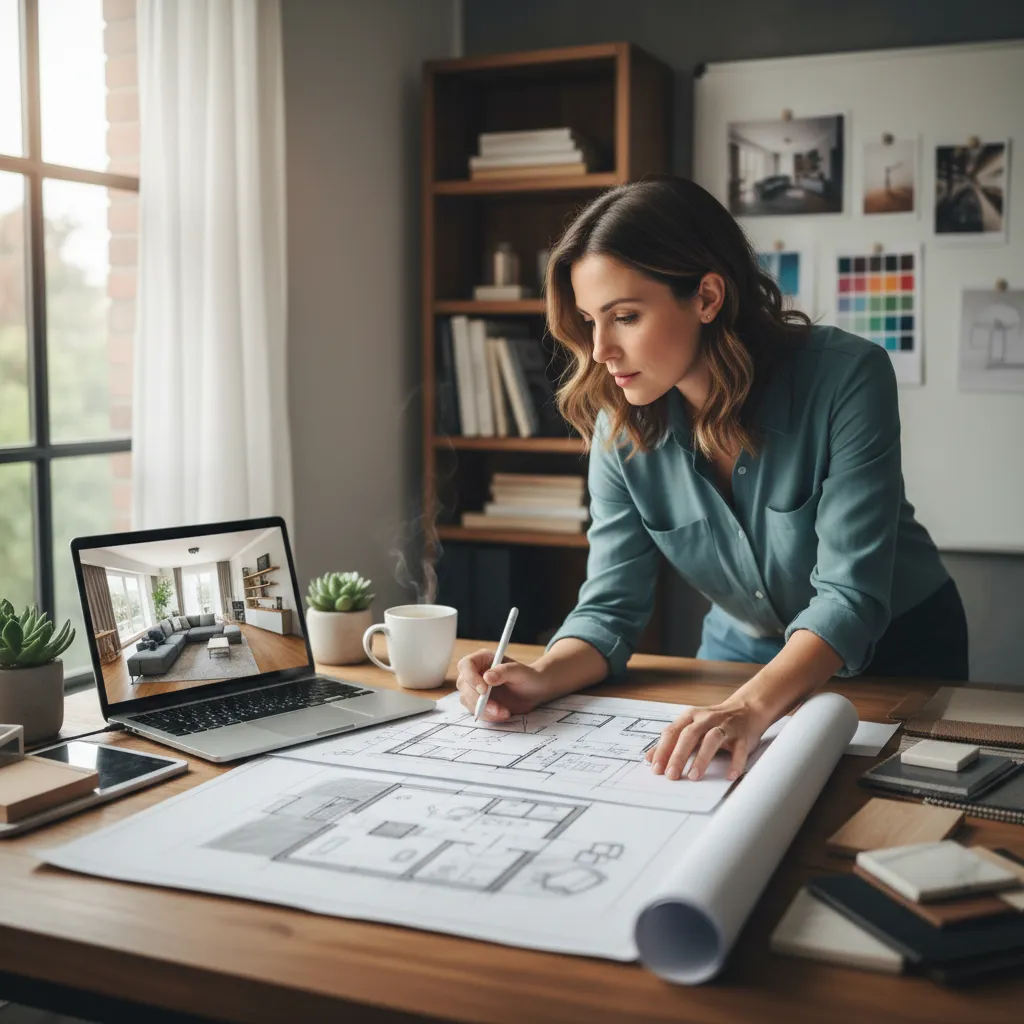 Diseñador analizando la distribución de un salón en planos