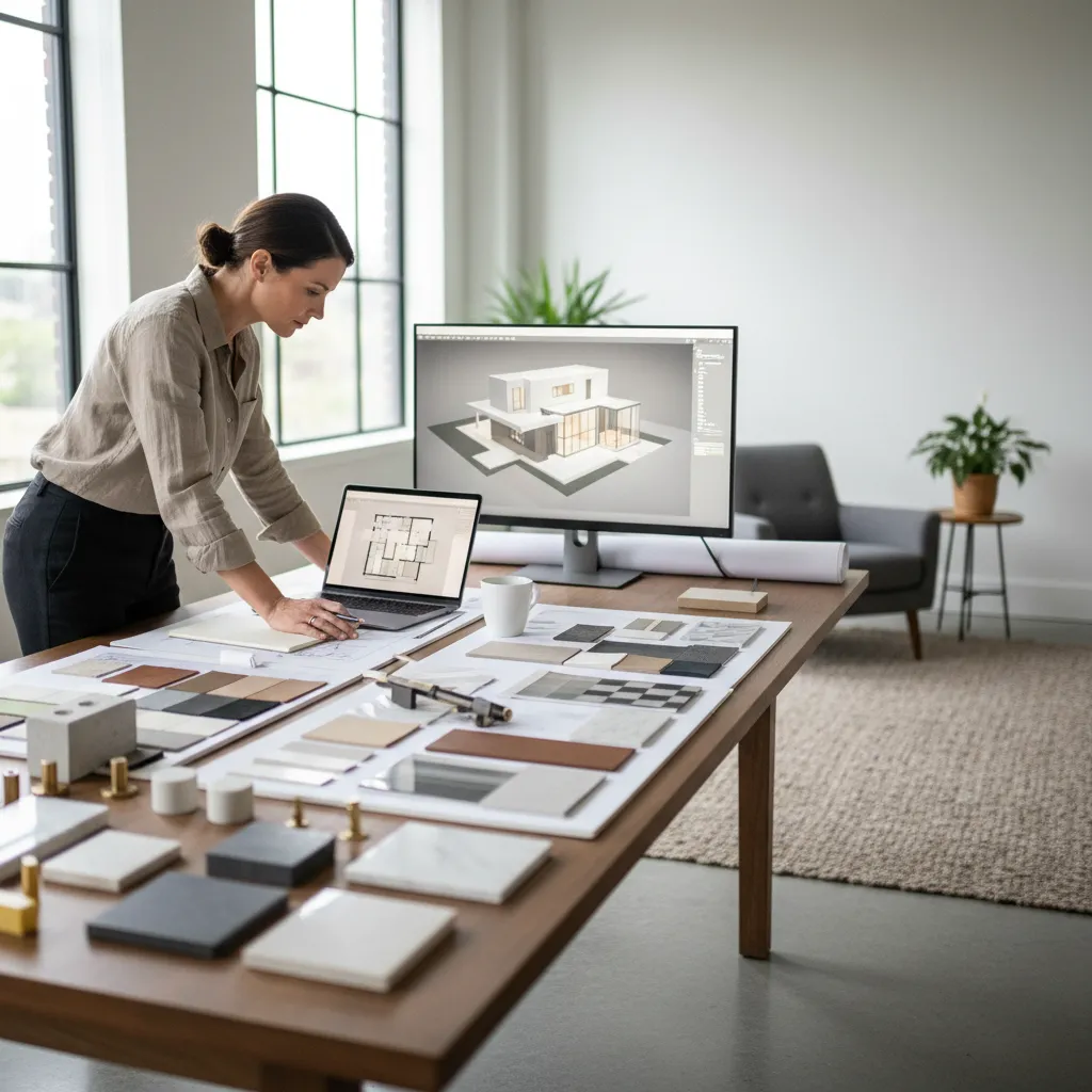 Interior designer working with material samples and laptop showing house floor plan and design drawing